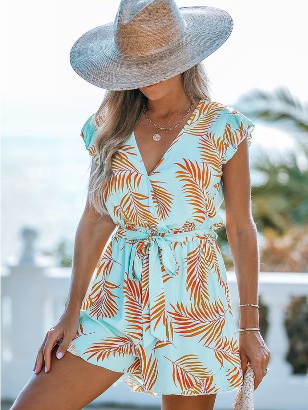 Cupshe Aqua Tropical Leaf Wrap Midi Romper with Orange Leaves - Picture 3 of 7